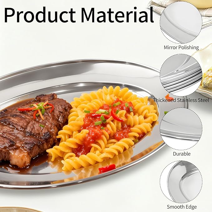 6 Packs Stainless Steel Oval Platter, Metal Plates, Oval Aluminum Platter for Decorative Snack Candy Pizza Fruit Camping Sliver Long & Deep 13 x 8.4 Inch