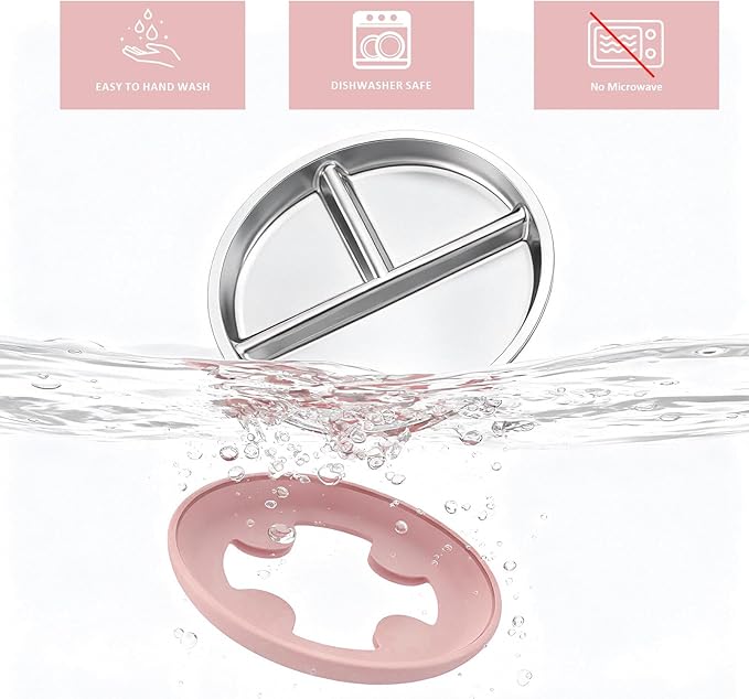 Stainless Steel Baby Plate with Suction, 9” Divided Toddler Plates with Removable Silicone Sleeves for Kids, Non-Toxic Non-Slip Unbreakable Dishwasher Safe Dinnerware Set of 2, Pink & Beige