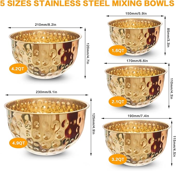 Stainless Steel Mixing Bowls Set, 5PCS Gold Hammered Bowls, 4.9/4.2/3.2/2.1/1.6QT Mixing Bowls for Kitchen, Nesting Design Serving Bowls
