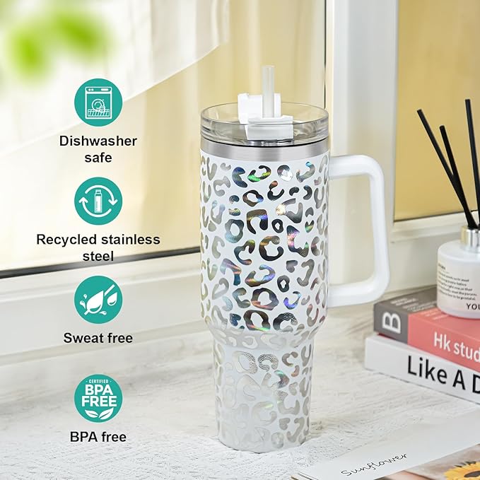 40 oz Tumbler with Handle and Straw, 100% Leak-Proof Travel Mug, Stainless Steel Double Wall Vacuum Insulated Coffee Cup Keeps Cold For 34 Hours, Dishwasher Safe, Green Leopard