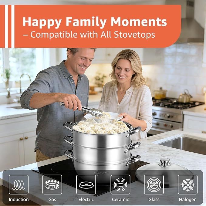 LOLYKITCH 8QT Stainless Steel Steamer Pot - 3 Tier Steamer for Cooking Dumplings & Veggies, 12 Inch Large Induction Stock Pot for All Stovetops, Heavy Duty