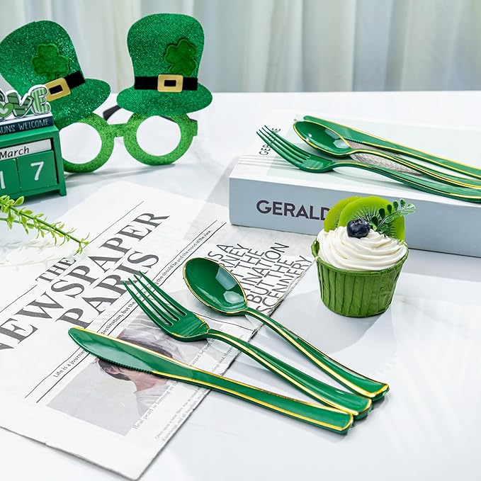 WDF 180PCS Green Plastic Silverware - Green Utensils 60 Forks, 60 Knives and 60 Spoons - Heavy Duty Silverware for Party Supplies/St. Patrick's Day