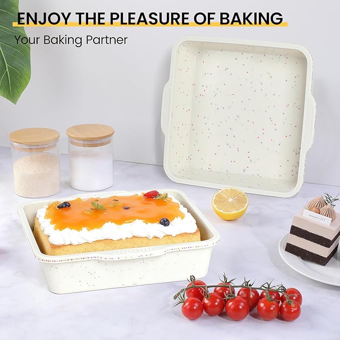 Vinino 8 x 8 Inch Silicone Square Brownie Cake Pan with Metal Reinforced Frame Set of 2, Nonstick Silicone Brownie Pans BPA Free Suitable for Making Cakes, Brownies, Bread