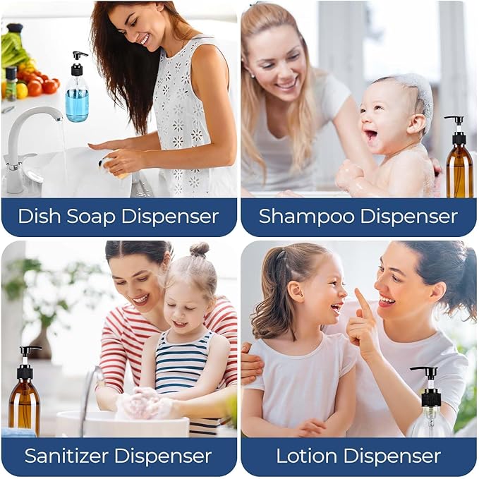 8 oz Glass Pump Bottle, 250ml Small Lotion Dispenser Bottle for Body Massage Oil, Refillable Empty Hand and Dish Soap Dispensers Set with Storage Caps, Labels - Amber & Clear, 2 Pack
