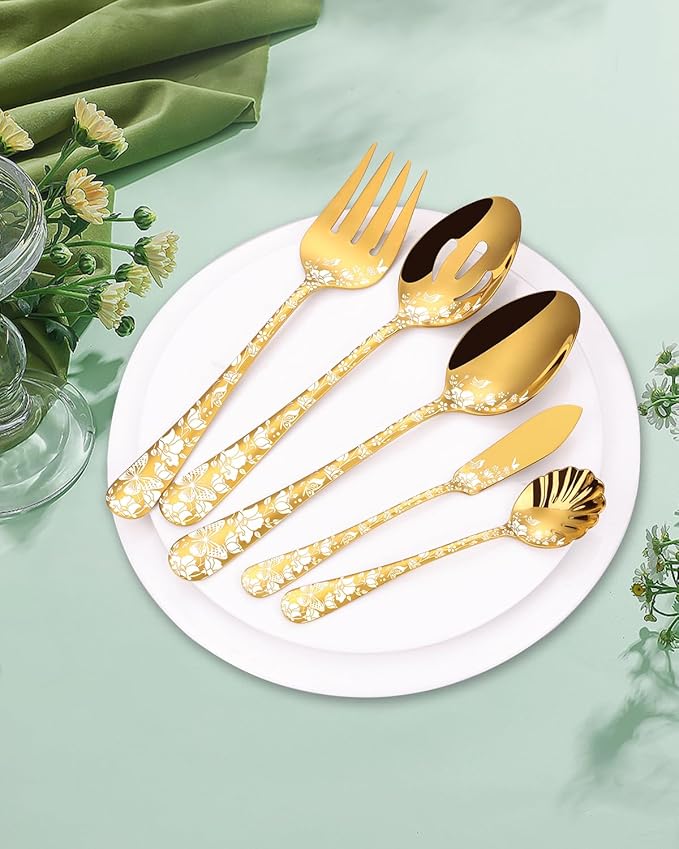 Stapava Serving Utensils, Gold 5-Piece Large Hostess Set, Stainless Steel Flatware Serving Set, Ideal for Buffet Catering Party, Mirror Polished, Dishwasher Safe