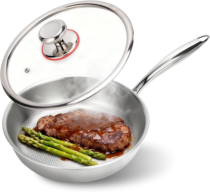 9.45 Inch Titanium Pan,99.6% Titanium Frying Pan for Cooking Healthy Non-Toxic Cookware with Lid Plateful Pan for Even Heating, Induction Compatible, Oven & Broiler Safe