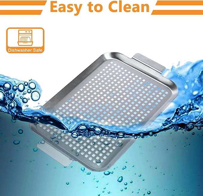 Grill Pan Set of 2, BBQ Grill Topper for Outdoor Grill, Stainless Steel Grilling Baskets with Holes and Handles, Perforated Food Tray Barbecue Accessories for Vegetable, Fish, Meat, Seafood