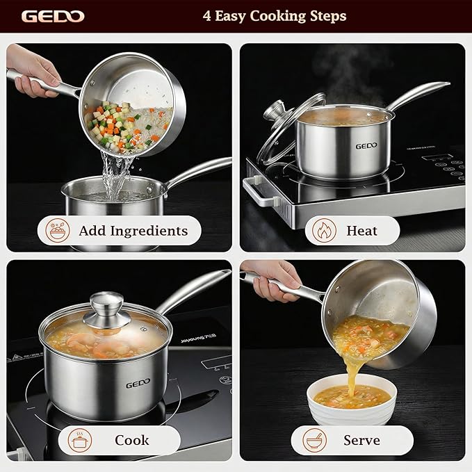 GEDO Food-Grade 316L Stainless Steel Sauce Pan with Glass Lid, 3-Ply Integrated Body Uncoated Cooking Pot, Universal for Induction Gas Ceramic Stovetops, Multi-Purpose Kitchen Cookware (2, Quarts)