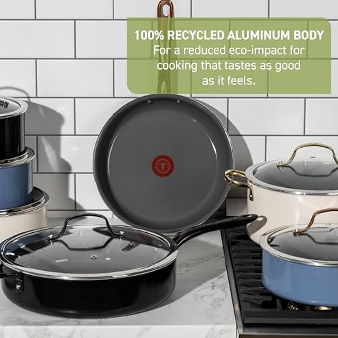 T-Fal Preserve Ceramic Nonstick Frying Pan 2-Pc Set, 8.5" & 11", Oven Broiler Safe up to 350°F Cookware, InoCeram Glide Technology, Frying Pan Skillet, Pots & Pans, Blue