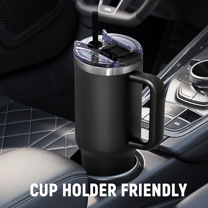 COKTIK 40 oz Tumbler With Handle and Straw, Insulated Tumbler With Leakproof Lids, Stainless Steel|BPA-Free, Cold for 24 H (Black)