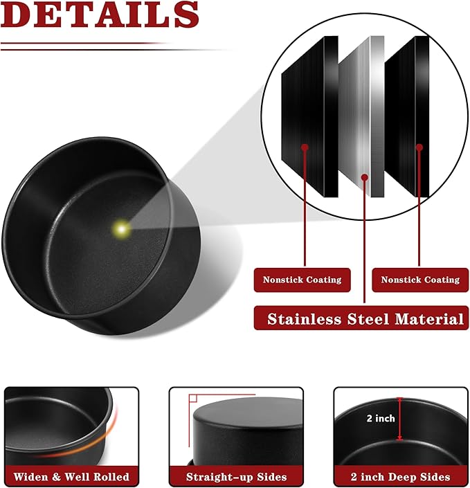 E-far 5 Inch Cake Pan Set of 3, Nonstick Stainless Steel Small Baking Pans Tins, Round Bakeware for Layer Cakes, Stainless Steel Core & Non-Toxic Coating, Straight Side & 2 Inch Deep