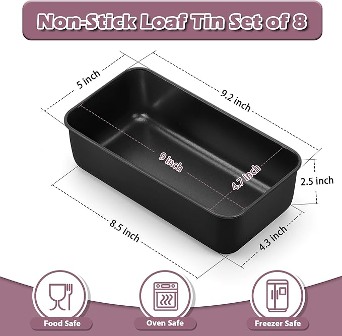P&P CHEF Loaf Pan Set, 9 x 5 Inch Bread Pans, Stainless Steel Loaf Toast Baking Pans For Bread Meatloaf Lasagna Cake, Healthy & Non Toxic, Oven Safe& Easy Clean, (Black, 8Pcs)