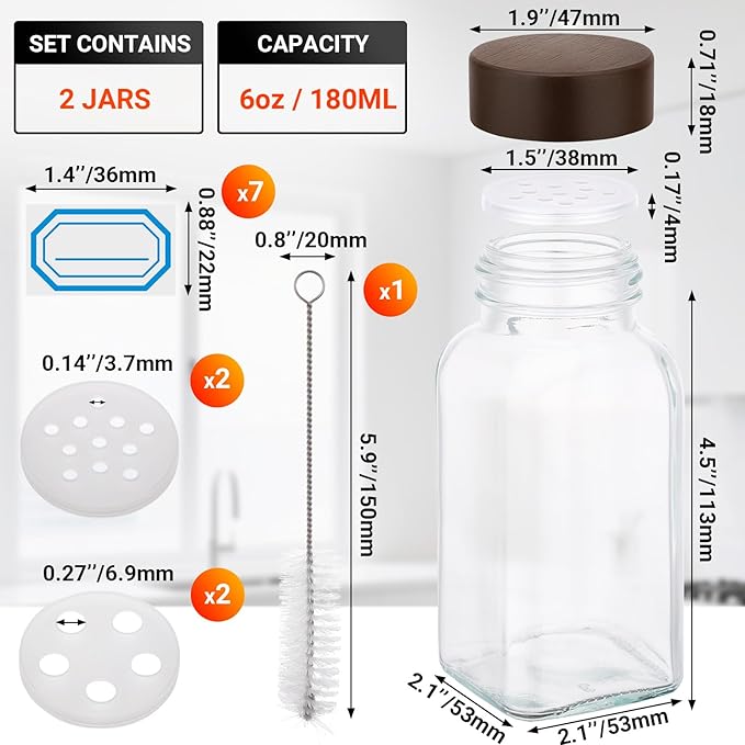 Segarty 6oz Spice Jar with Wood Lids, 2 PCS 180ml Glass Square Spices Jars with Shaker Lids, Clear Empty Seasoning Containers Cereal Containers Storage Set, Large Spice Bottle with 7 Stickers, 1 Brush