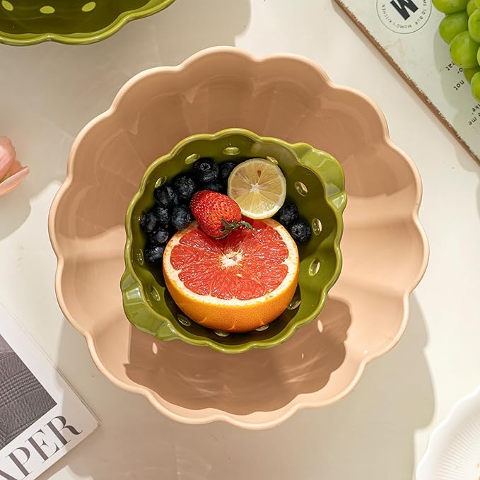 6" Scallop Ceramic Berry Basket with Handles,Round Colorful Stoneware Colander, Small Fruit Container for Strawberry & Kitchen Counter,Moss Green
