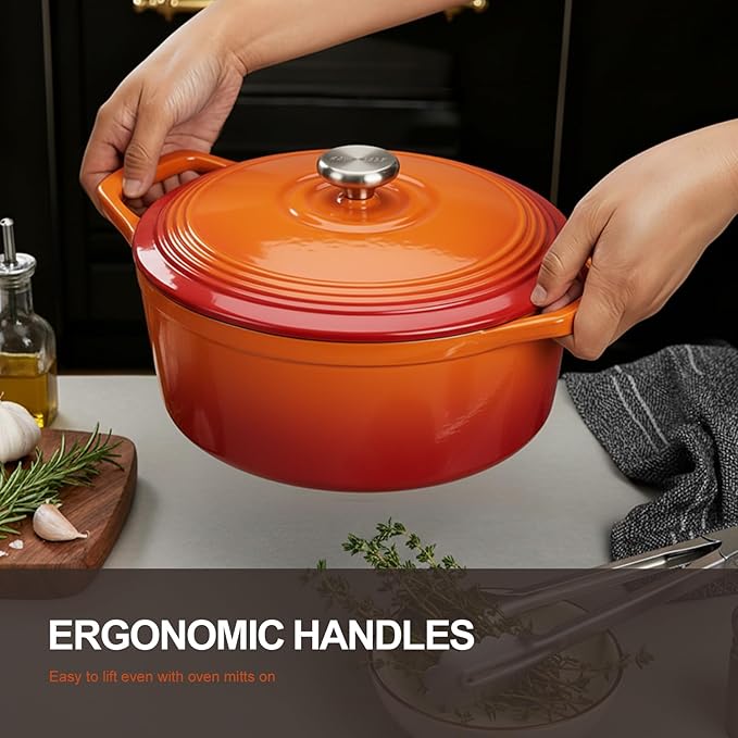 Overmont Enameled Cast Iron Dutch Oven - 5.5QT Pot with Wide Handles Lid Cookbook & Cotton Potholders - Heavy-Duty Pre-Seasoned Cookware Oven Safe to 500°F for Braising, Stews, Roasting, Bread Baking
