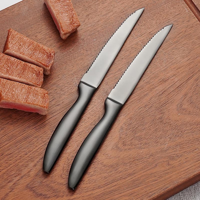 Black Steak Knives Set of 6, Stainless Steel Serrated Kitchen Steak Knives