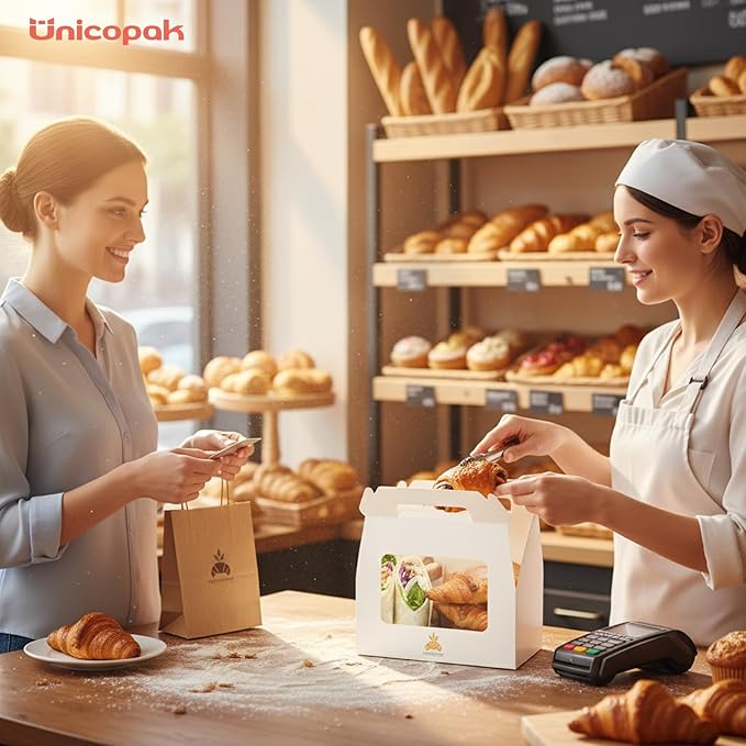 UnicoPak 30 Pack 9x6x6 White Bakery Boxes with Window, Large Gable Boxes for Lunch, Treats, Cookies, Pastries, Cardboard Gift Boxes for Christmas, Holiday Presents, Auto-Popup Assembly