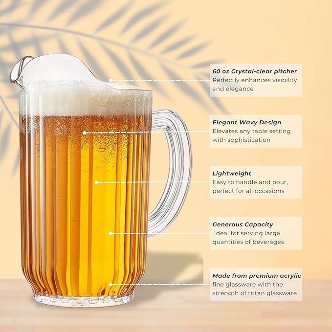2-Pack Unbreakable Plastic Beer Pitcher, 60 oz, Restaurant-Grade Polycarbonate, Clear Beverage Dispenser with Pour Spout, Dishwasher-Safe, Ideal for Beer, Sangria, Lemonade Iced Tea Outdoor or Indoor