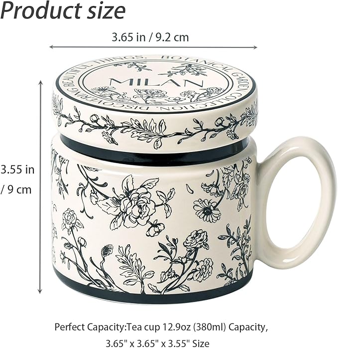 12.9oz Ceramic Coffee Mug with Lid,Flower Patterned Porcelain Mug,Ceramic Tea Cup Coffee Latte Mug for Office and Home,Black,1 Piece