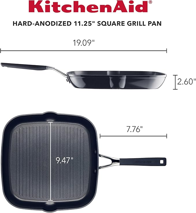 KitchenAid 84808 Hard Anodized Nonstick Square Grill Pan/Griddle with Pour Spouts, 11.25 Inch - Onyx Black
