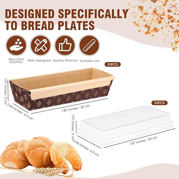 Sabary 50 Pcs Paper Baking Loaf Pan with Lids Disposable Paper Pans Mold for Christmas Winter Birthday Cake Bread Bakery Holiday Gifts(7.87 x 2.55 x 1.94 Inches)