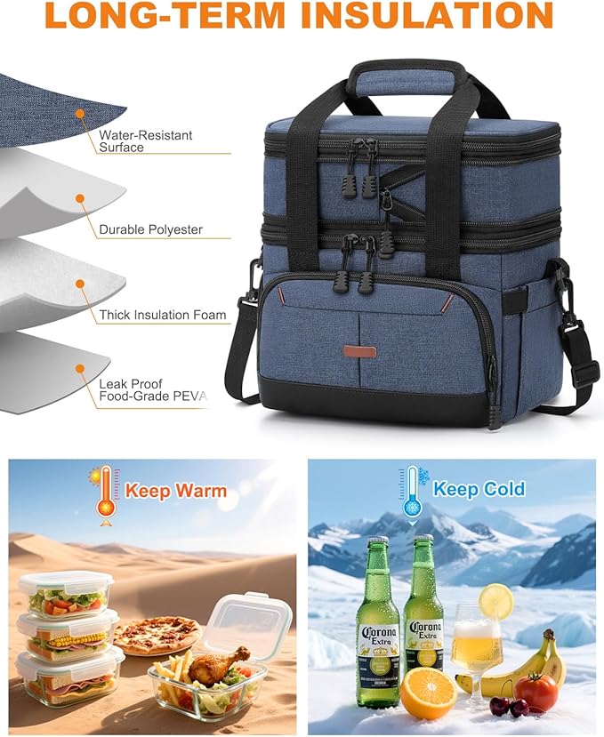 Lunch Box For Men Women Double Deck Insulated Lunch Bag For Men Woman Leakproof Expandable Cooler Bag with Adjustable Shoulder Strap for Kids Shool Work Picnic Camping(Blue,Large)