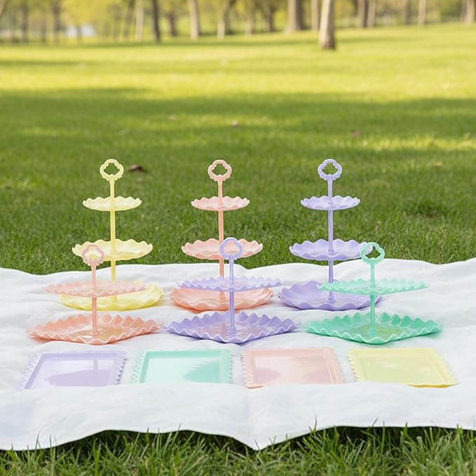 Pack of 10 NWK Cake Stand Set, with 3 x Two-Tier and 3 x Three-Tier Cupcake Stands, 4 x Appetizer Trays, 1 x Tablecloth for Birthday Bridal Baby Shower Party (Colorful)