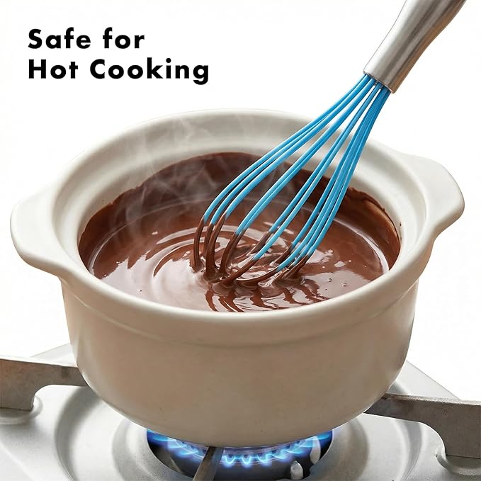 10-Inch Blue Silicone Whisk, Heat Resistant 480°F Kitchen Whisk with Stainless Steel Ergonomic Handle, Non-Scratch for Nonstick Cookware, Dishwasher Safe, Perfect for Blending, Cooking & Beating