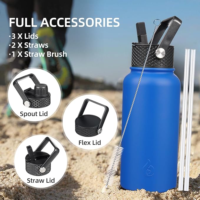 BJPKPK Insulated Water Bottles with Straw Lid, 22oz Cold & Hot Thermo, Stainless Steel Metal Water Bottle with 3 Lids, Reusable Thermo, Cups, Mugs for Daily Use-Sky