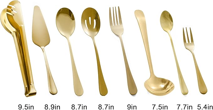 Gold Serving Utensils, 12 Pcs Stainless Steel Buffet Serving Utensil with Serving Spoon Slotted Spoons Serving Forks Soup Ladle Serving Tongs Pie Server, Utensils Set Great for Banquet