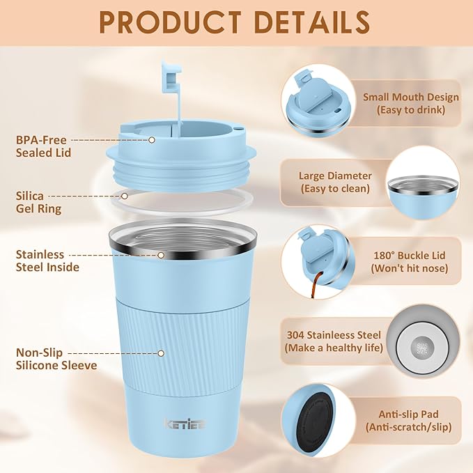 KETIEE Travel Coffee Mug 12oz: Insulated Coffee Cup with Leakproof Lid, Coffee Tumbler, Reusable Coffee Cups with Seal Lid, Vacuum Stainless Steel Coffee Mug to Go for Hot/Iced Water Tea
