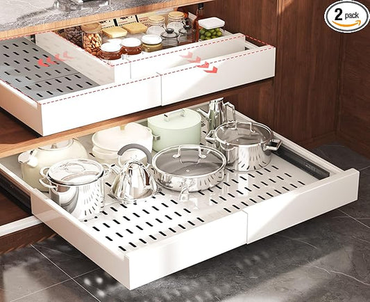 2 Pack Pull Out Cabinet Organizer Expandable Width(15"-25") and Depth(17"-24"),Slide Out Drawers With Raising Pad for Framed Cabinets,No Drill Roll Out Shelves for kitchen,Bathroom,White