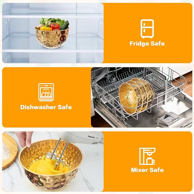 Mixing Bowls Set, 5PCS Stainless Steel Hammered Multicolor Mixing Bowls, Nesting Design Kitchen Bowls, 4.9/4.2/3.2/2.1/1.6QT for Mixing & Serving