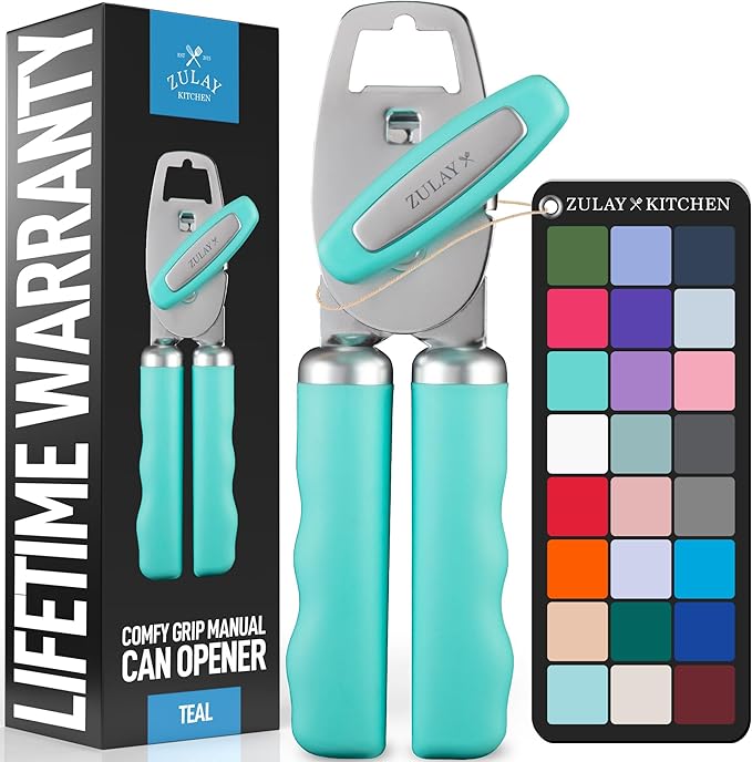 Zulay Kitchen Heavy Duty Stainless Steel Can Opener Manual with Bottle Opener - Rust Proof Manual Can Opener With Turn Knob & Comfy Soft Grip Handles - Teal