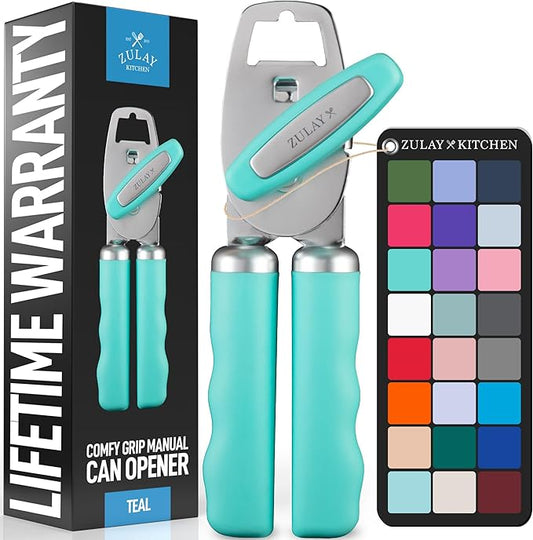 Zulay Kitchen Heavy Duty Stainless Steel Can Opener Manual with Bottle Opener - Rust Proof Manual Can Opener With Turn Knob & Comfy Soft Grip Handles - Teal