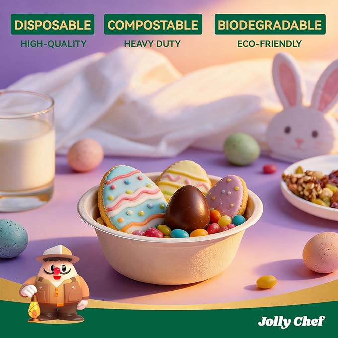 JOLLY CHEF Compostable Disposable Paper Bowls [16 oz] Heavy Duty Soup Uncoated Containers [150 Pack] Biodegradable Bagasse Hot Cold Eco-Friendly Natural Sugarcane Microwavable for Dessert Christmas