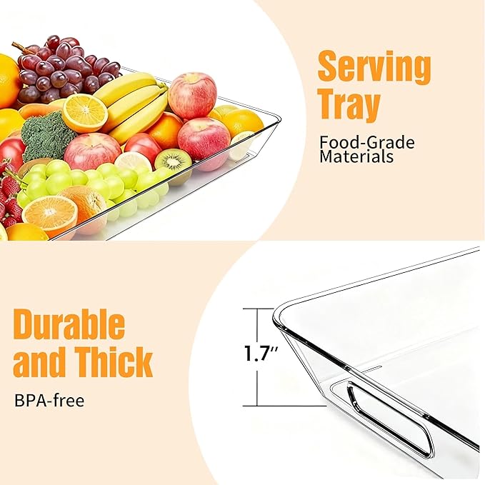 Clear Plastic Serving Tray with Handles, BPA-Free Storage Organizer Tray - Large 16"x11.5" Multi-Purpose for Coffee, Juice, Kitchen, Desk, Office & Party