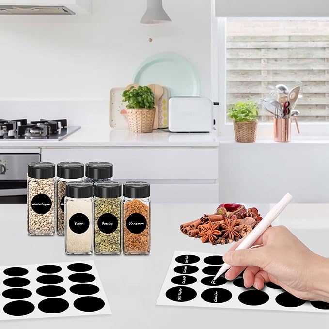 Saiveina 12 Pack Glass Spice Jars with Labels, 4oz Spices Containers Spice Jars with Black Shaker Lids, Empty Containers for Spice, Silicone Funnel and Pen Included