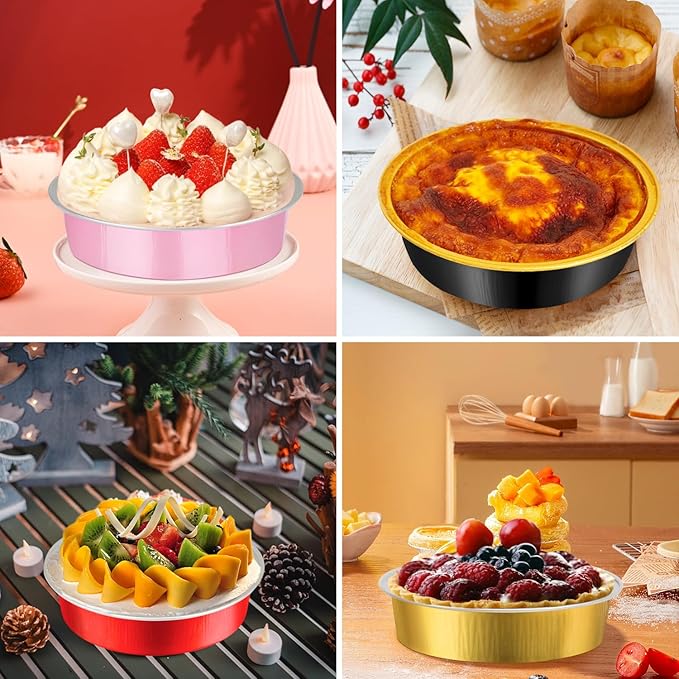 LNYZQUS 4” Mini Cake Tins with Lids 50 Pack, Small Aluminum Foil Pie Pans Disposable Ramekins Mini Tart Creme Brulee Baking Pans Dishes,Individual Muffin Tins Small Cake Contaniers-Pink