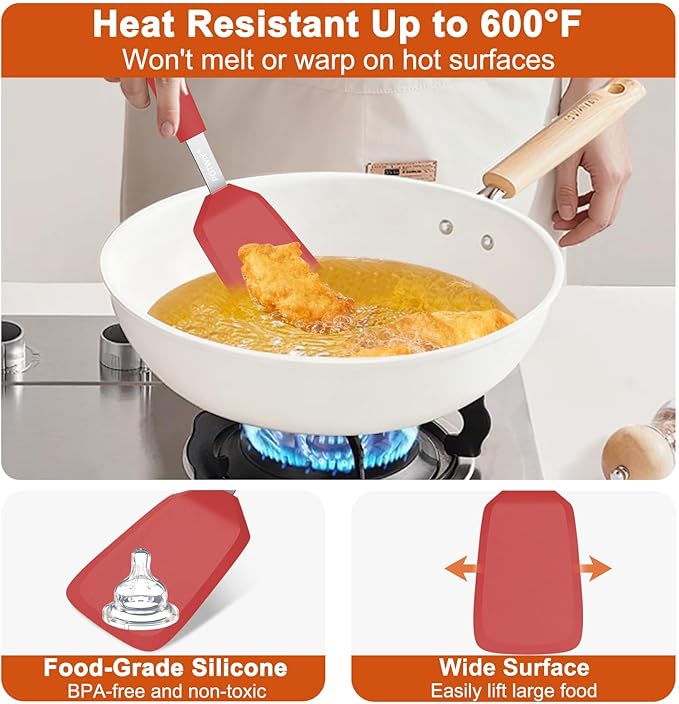 Silicone Spatula, 13 x 3.2 In, 600°F Heat Resistant Kitchen Spatula, BPA Free, Flexible Turner For Non Stick Frying Pan, Cooking, Flipping Egg and Pancake, Dishwasher Safe (Red)
