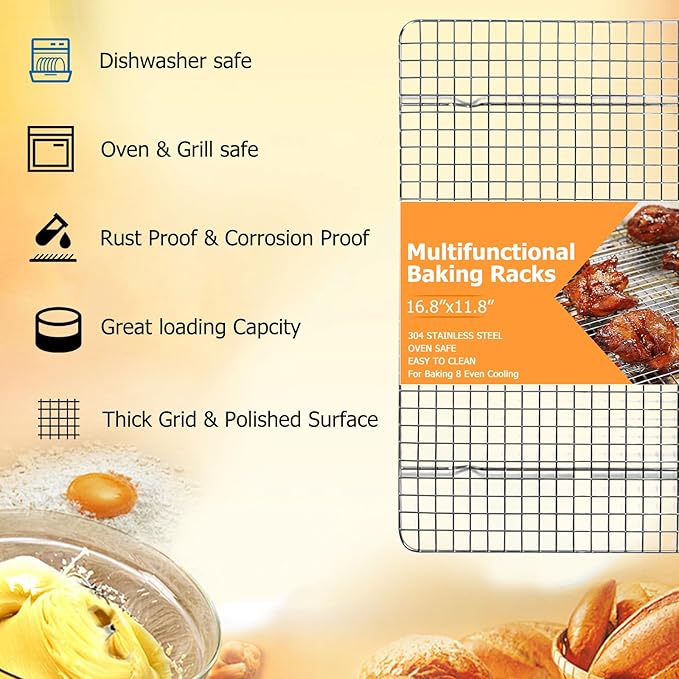 2-Pack Cooling Rack - 11.5"x16.5" Stainless Steel Baking Racks, Oven/Dishwasher Safe - Perfect for Cookies, Roasting, Grilling - Fits Half Sheet & Jelly Roll Pans