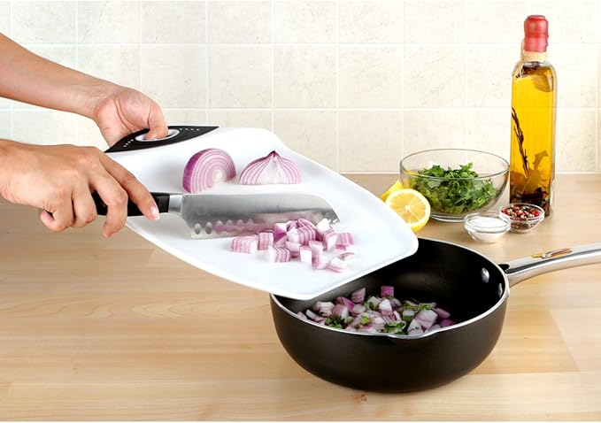 Dexas Chop & Scoop Cutting Board, 11 by 15 inches, White with Black Handle