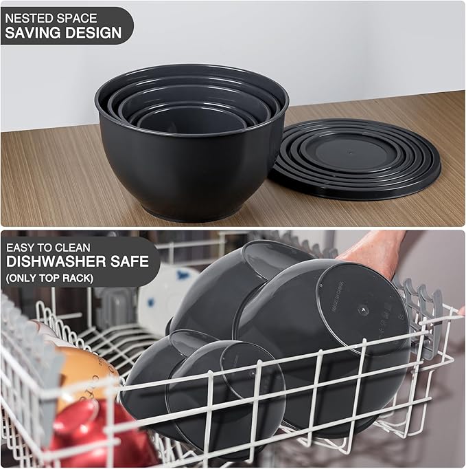 Plastic Mixing Bowls with Lids Set for Kitchen, Nesting Bowls for Mixing, Baking, Prepping, Cooking and Serving Food, Mixing Bowls Dishwasher, Microwave Safe (Dark Gray)