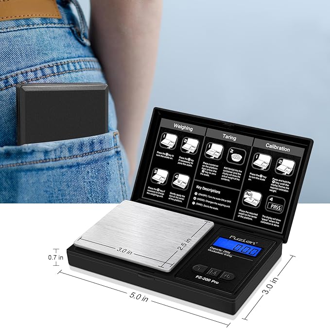 Fuzion Gram Scale, Pocket Scale .01 Gram Accuracy, 200g Small Digital Scale for Food, Jewelry, Herb, Spice, Coin - Weight Gram and Oz - 100g Calibration Weight