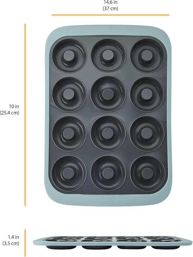 Chicago Metallic 12-Cup Silicone Donut Pan, Nonstick Bakeware with Wire-Reinforced Rim, BPA-Free Food-Grade Silicone, Oven Safe to 428°F, Dishwasher Safe, Easy Donut Release