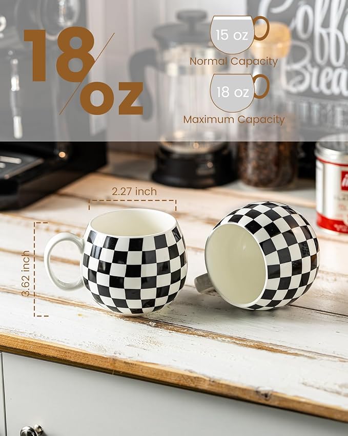 LAUCHUH Coffee Mug Set of 6, 18 oz Large Porcelain Coffee Mugs Checkered Coffee Cups with Handle Cappuccino Cups for Mother's Day, Tea, Cocoa, Milk, Latte, Mocha, Black and White