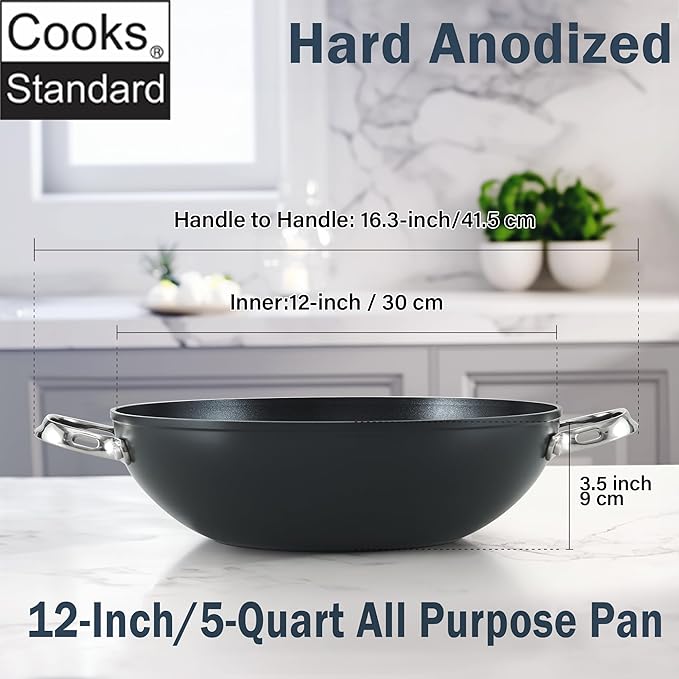 Cooks Standard Everyday Pan with Glass Lid, Chef's Pan 12-Inch Hard Anodized Nonstick All Purpose Pan 5-Quart Wok Stir Fry Pan, Black