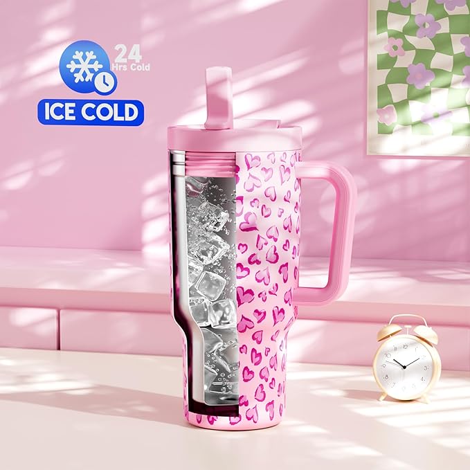 Meoky 32 oz Tumbler with Handle and Flip Straw, 100% Leakproof Tumbler with Lid and Straw, Stainless Steel Insulated Cup, Cupholder Friendly, Keeps Cold for 24 Hours (Love)