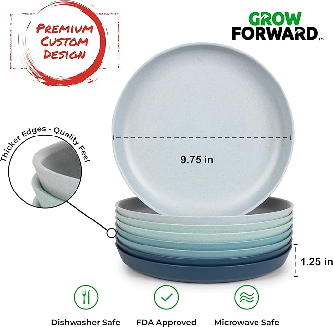 Grow Forward Premium Wheat Straw Plates - 10 Inch Reusable Hard Plastic Dinner Plates Set of 8 - Unbreakable Microwave Safe Plates for Dessert, Camping, RV, Outdoors, Patio, Kitchen Dishes - Seascape