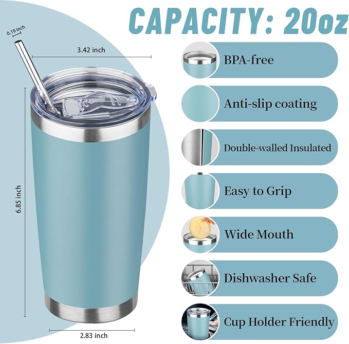 20 oz Tumbler with Lids and Straws, Stainless Steel Insulated Travel Coffee Mug, Double Wall Vacuum Insulated Tumblers, Powder Coated Coffee Tumbler for Cold & Hot Drinks (Azure Blue)